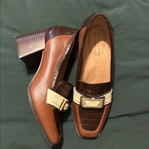 Alex Marie Brown Croc-Accent Block Heel Loafers with Cream Buckle